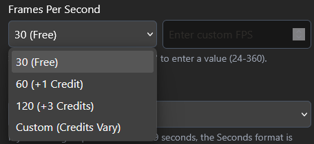 A screenshot showing a dropdown of framerate options