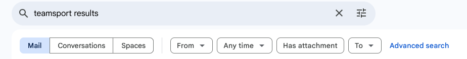 Basic Gmail search for &quot;Teamsport Results&quot;
