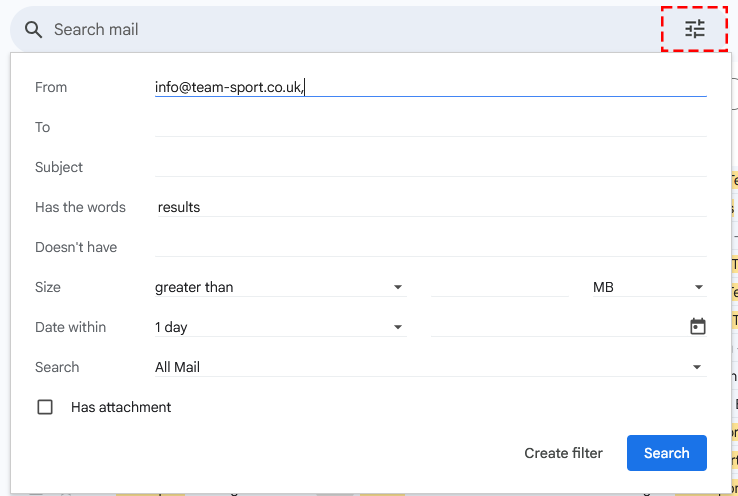 Advanced Gmail search for &quot;info@team-sport.co.uk&quot; and the word &quot;Results&quot;