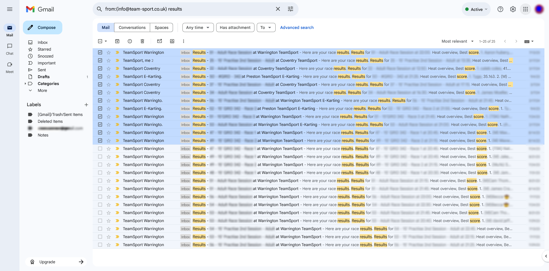 A list of Gmail emails, a portion of which have been selected