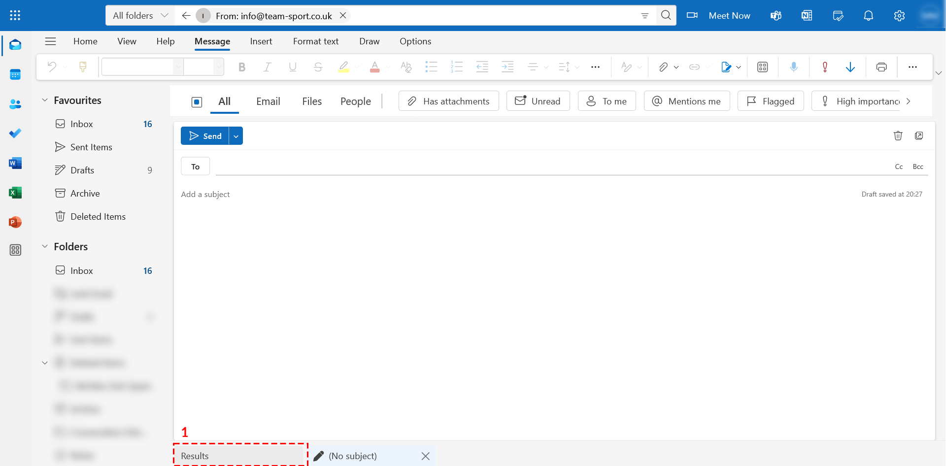 The outlook web client with a new email open, highlighting the tabs at the bottom of the webpage