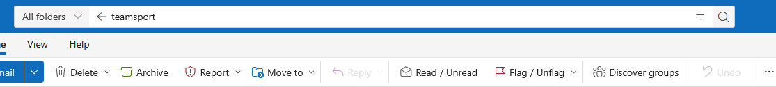 The outlook web client with the search term &quot;Teamsport&quot; entered into the searchbar