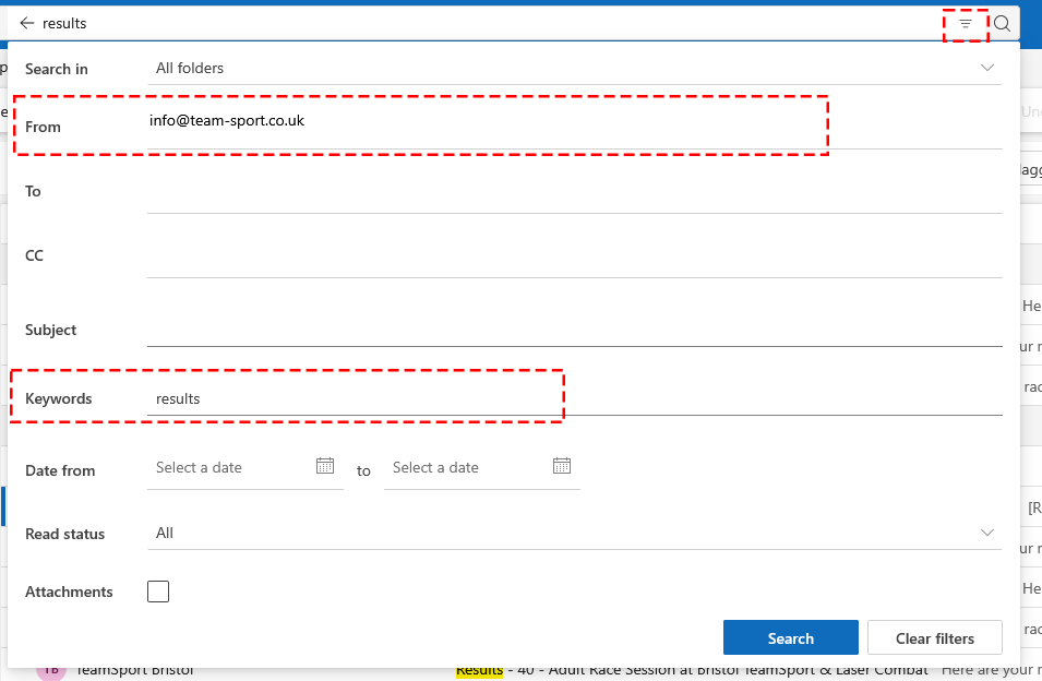 Advanced outlook search for &quot;info@team-sport.co.uk&quot; and the word &quot;Results&quot;