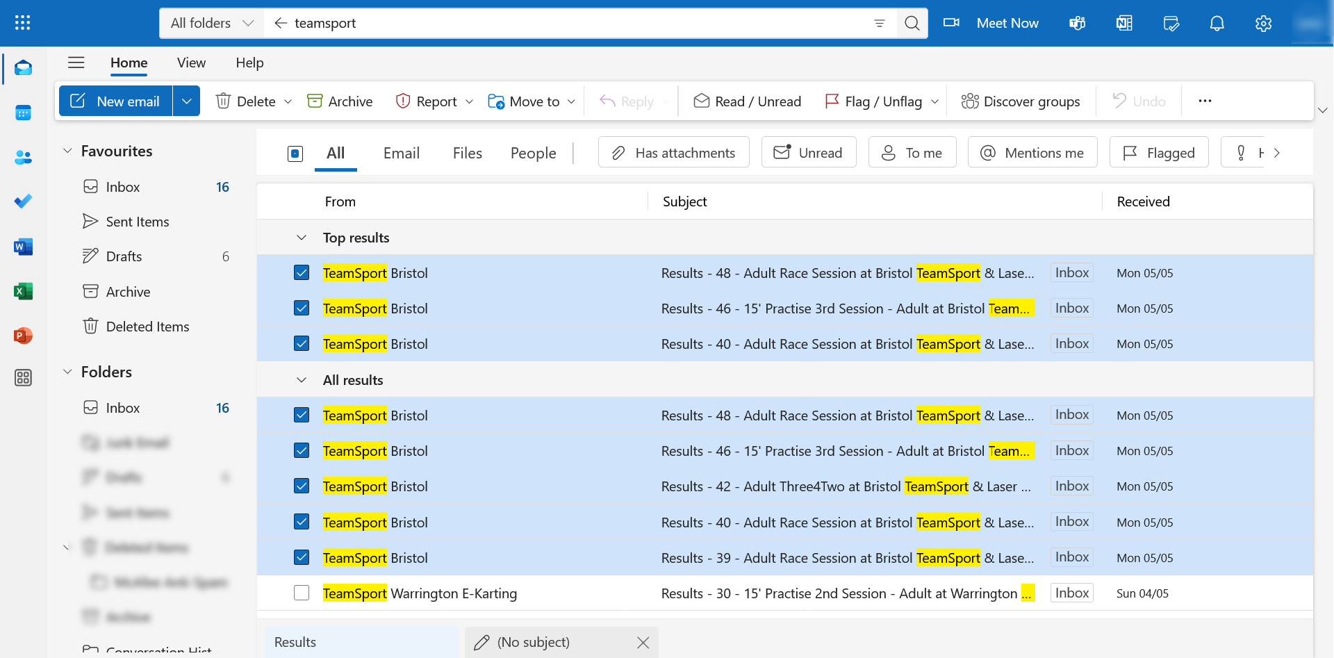The outlook web client with multiple emails from a prior search selected