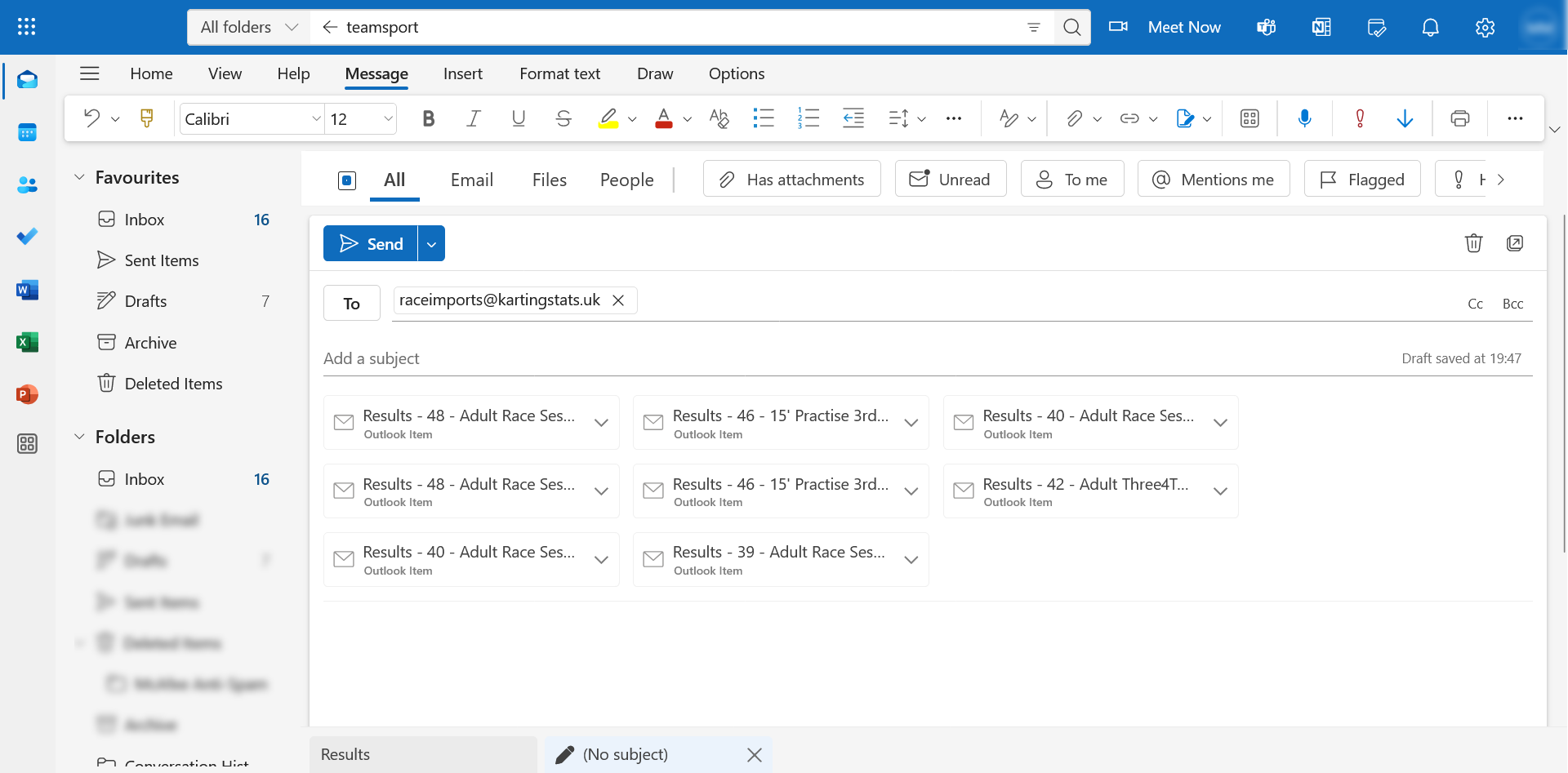 The final email with attachments and the address raceimports@kartingstats.uk entered into it as the sender