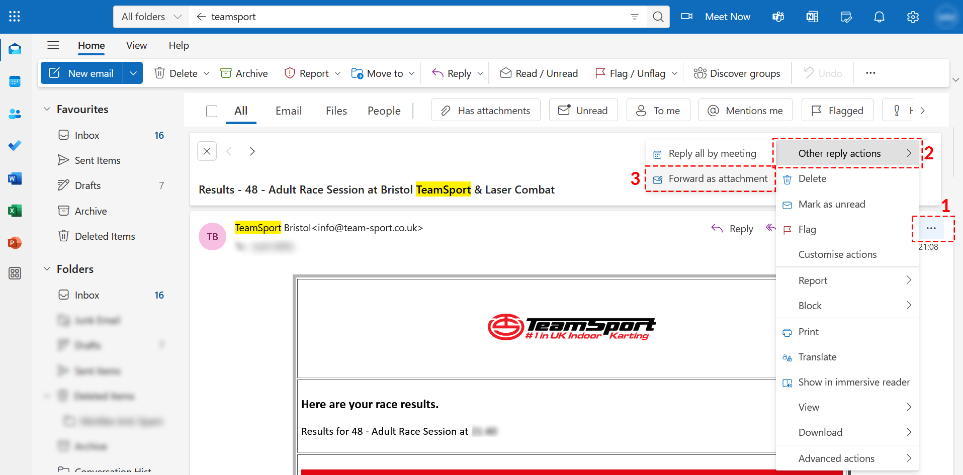 The outlook web client with a single email open