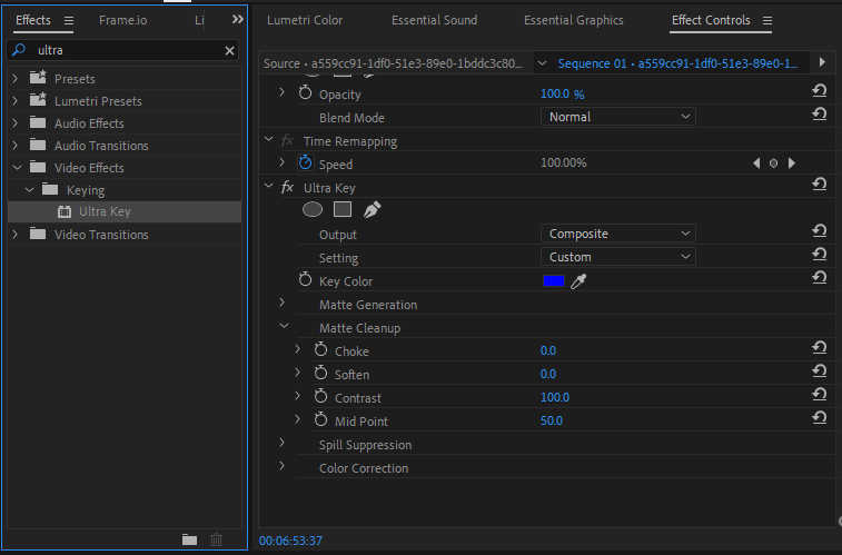 A screenshot showing the ultrakey settings within effect controls